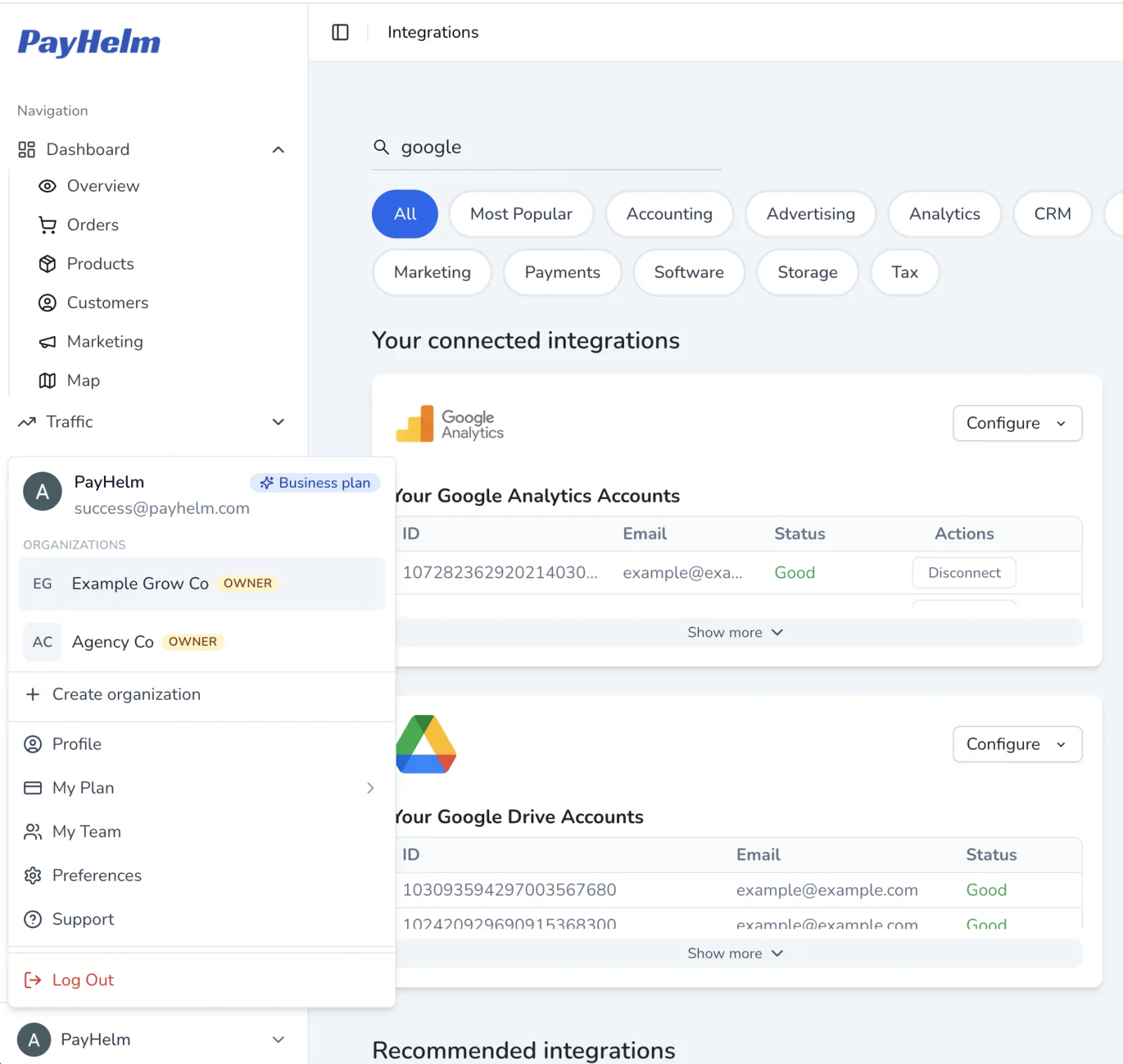 PayHelm Agency Hub — org switcher and integrations
