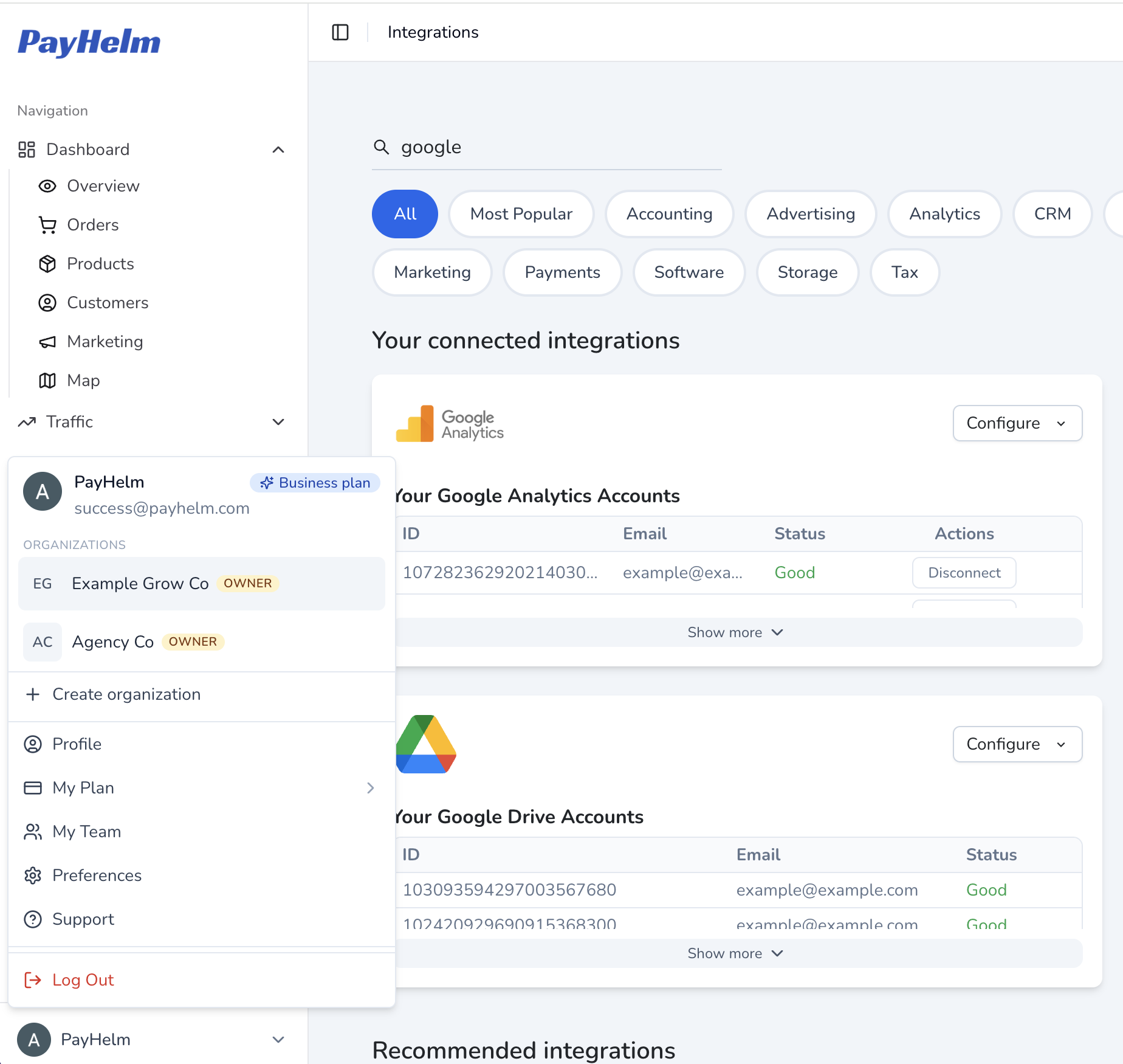PayHelm integrations page with org switcher