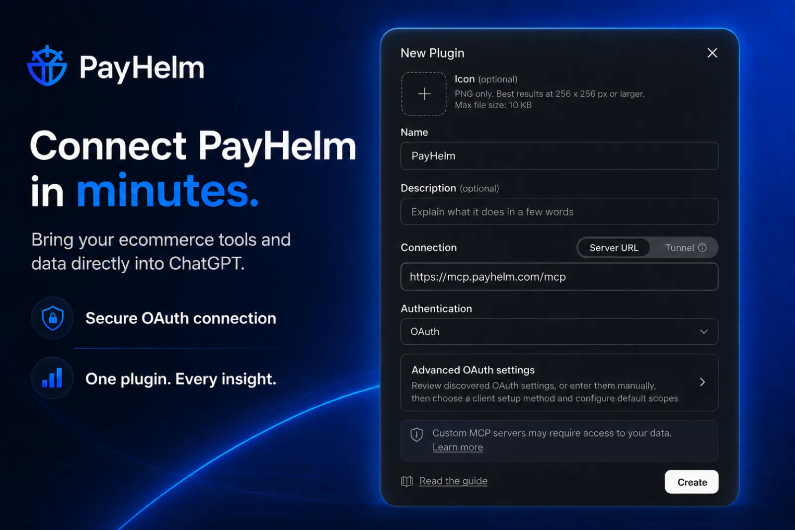 New Plugin dialog with PayHelm MCP server URL and OAuth selected