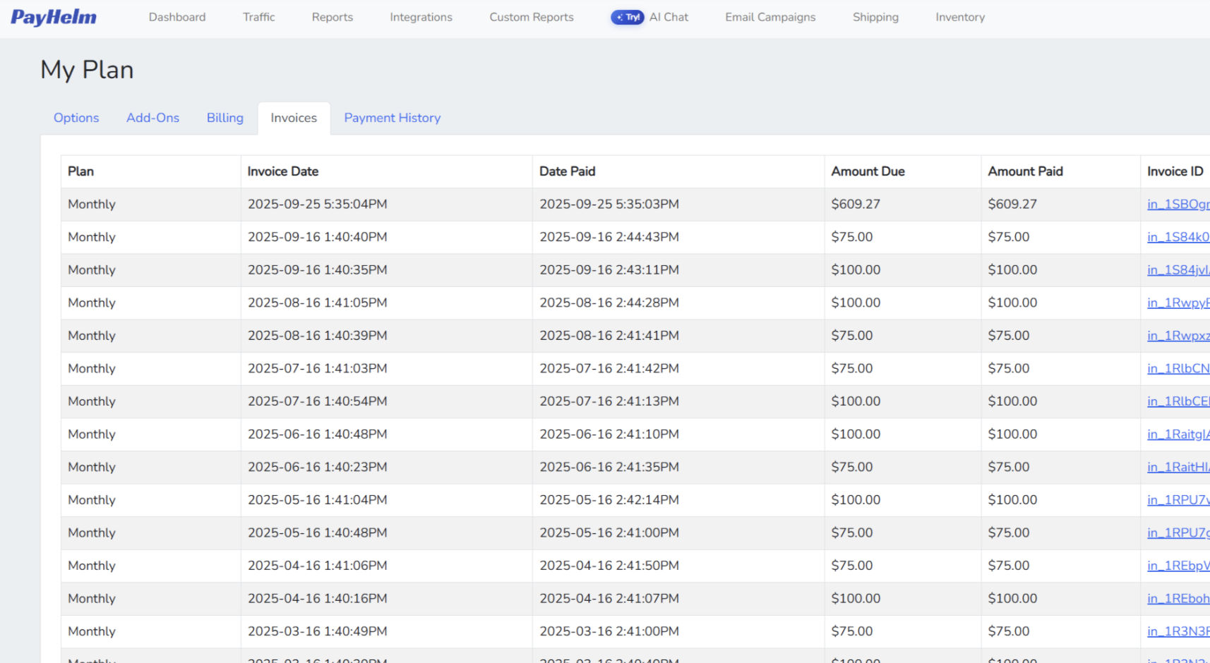 PayHelm invoices table