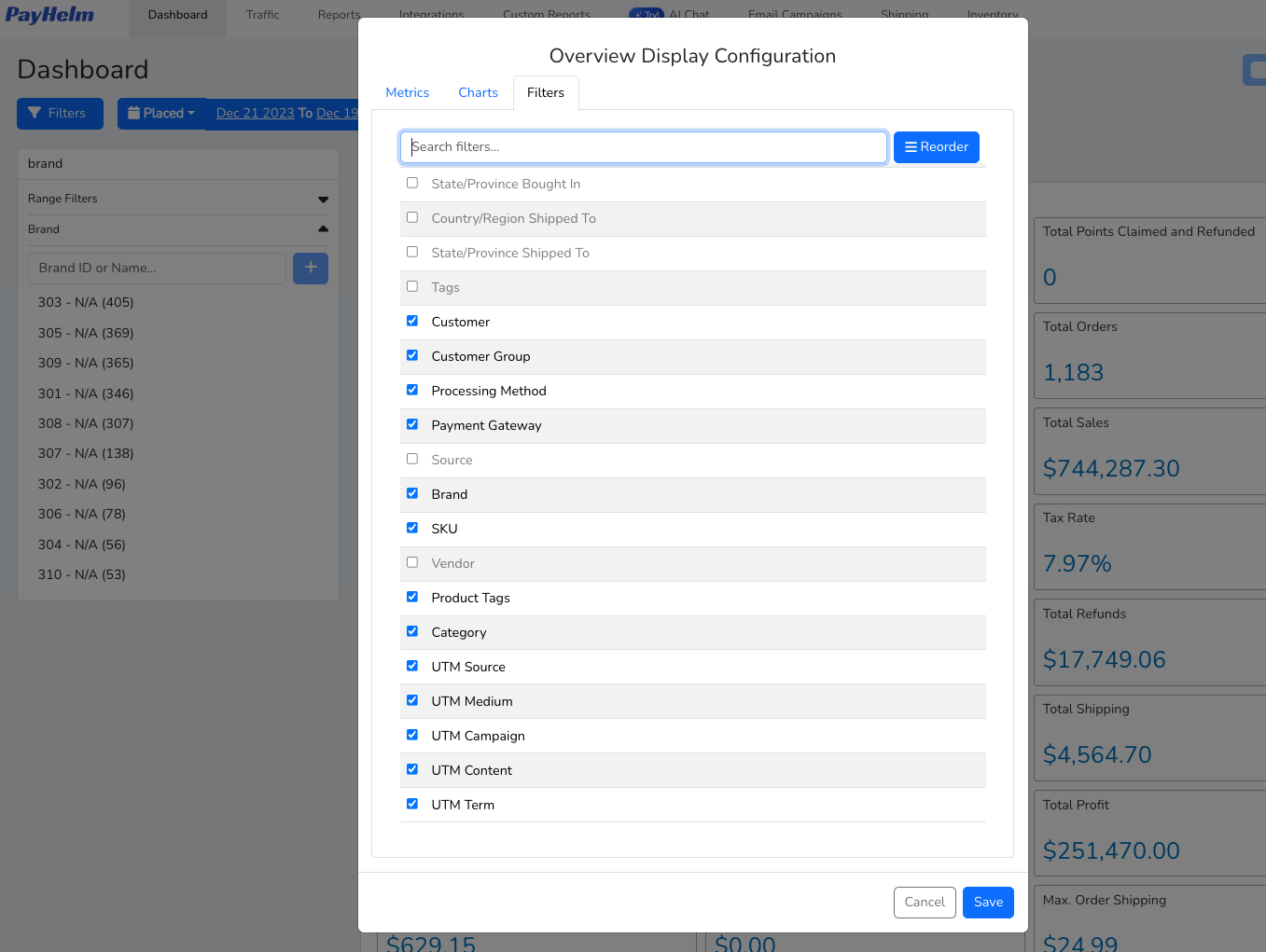 Overview Display Configuration modal open on the Filters tab, showing Brand and other filters with checkboxes