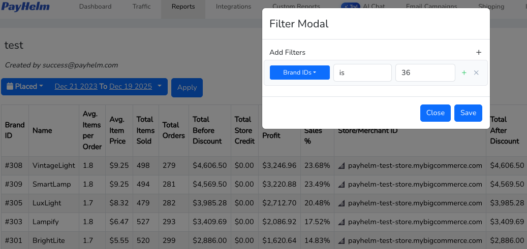 Filter Modal showing Brand IDs filter set to a specific ID value