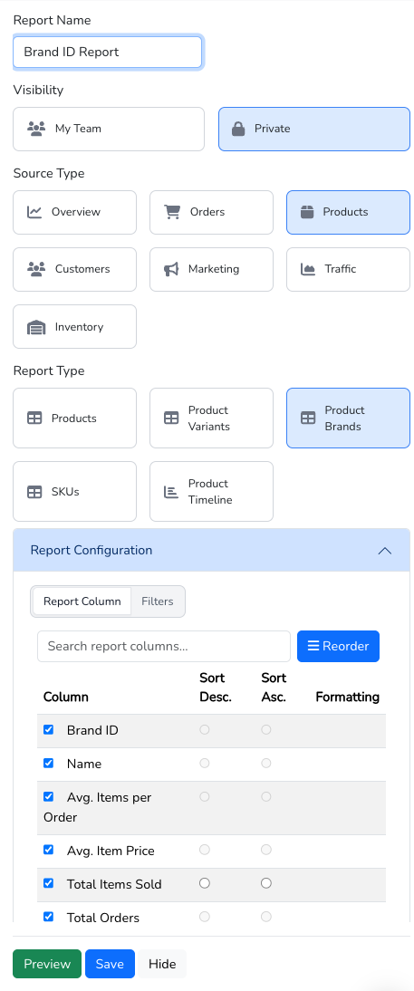 Report configuration showing Products selected as Source Type, Product Brands as Report Type, and Brand ID checked as a column