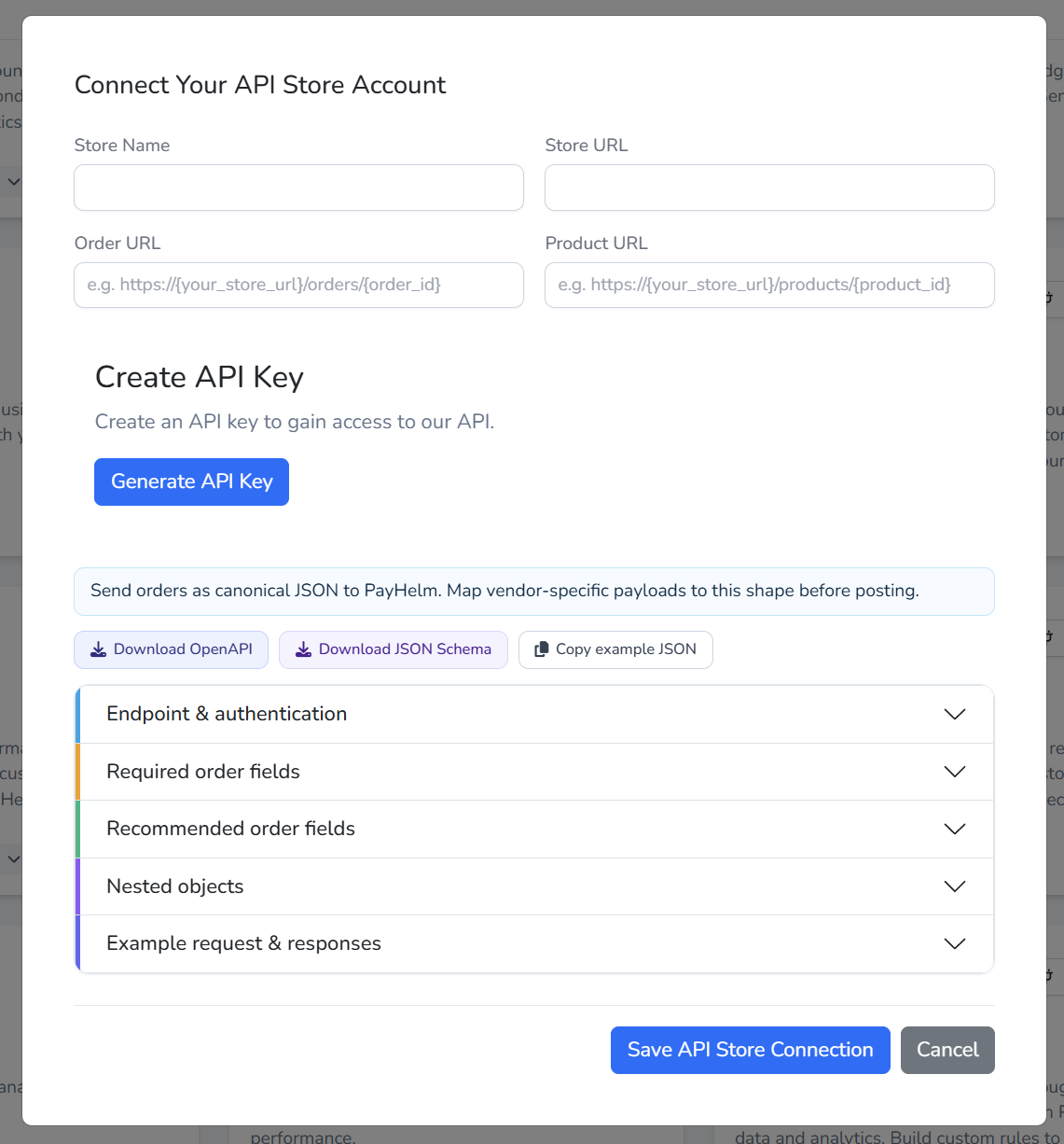 Connect Your API Store Account popup showing store details and the Generate API Key button