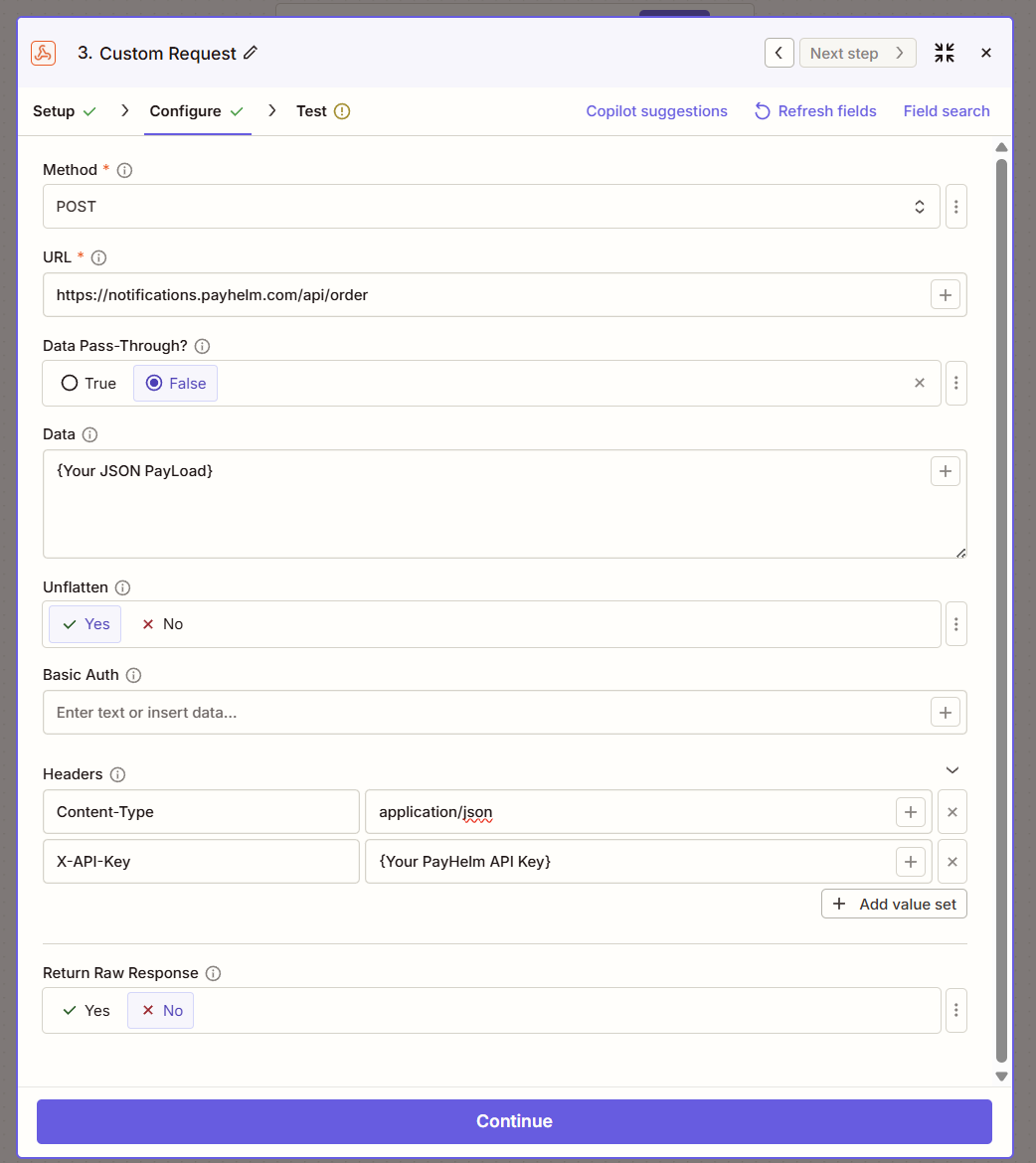 Zapier Custom Request Configure screen showing Method, URL, Data, Unflatten, and Headers fields