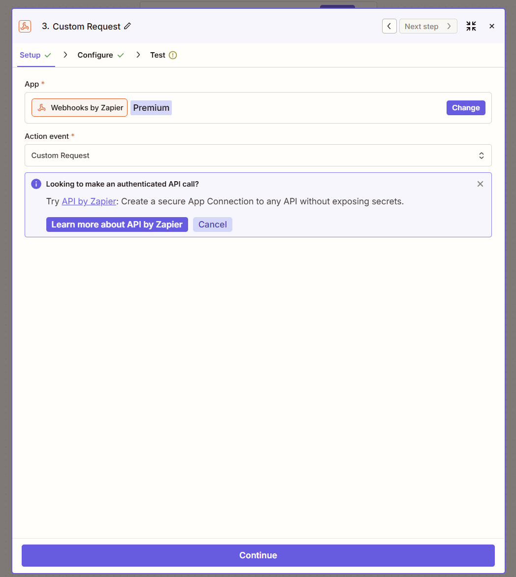 Zapier Custom Request step setup screen with Webhooks by Zapier app selected