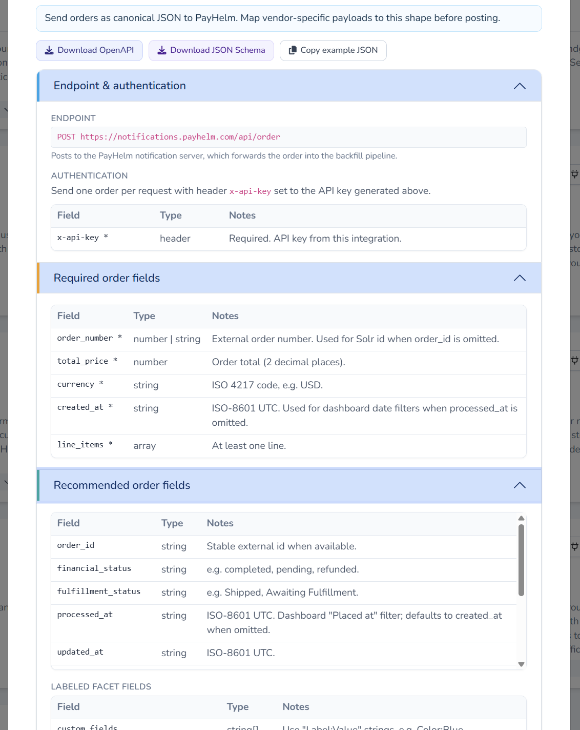 Expanded JSON payload specification showing endpoint, authentication, and required order fields