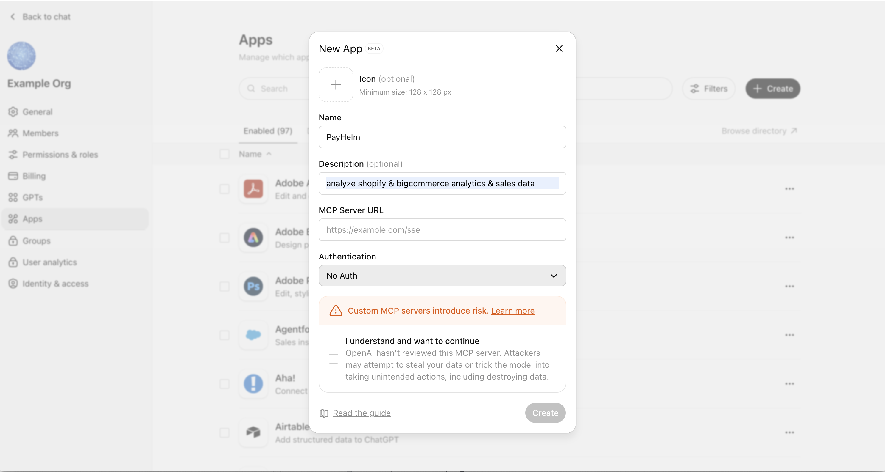Create New App Dialog