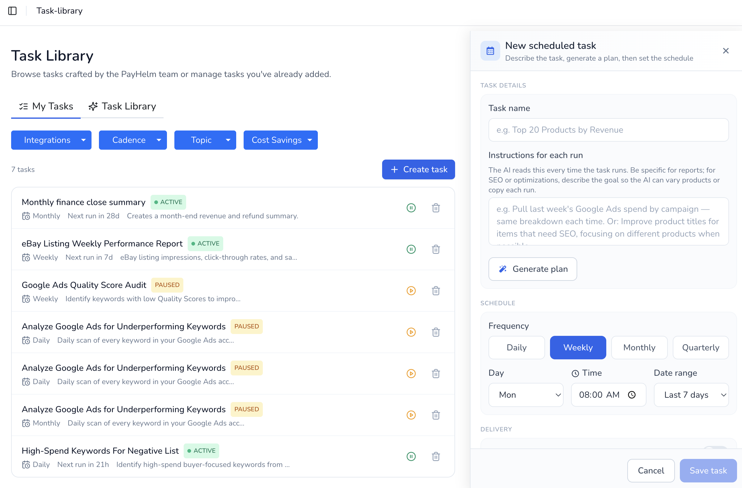 Agentic task manager showing automated analytics workflows