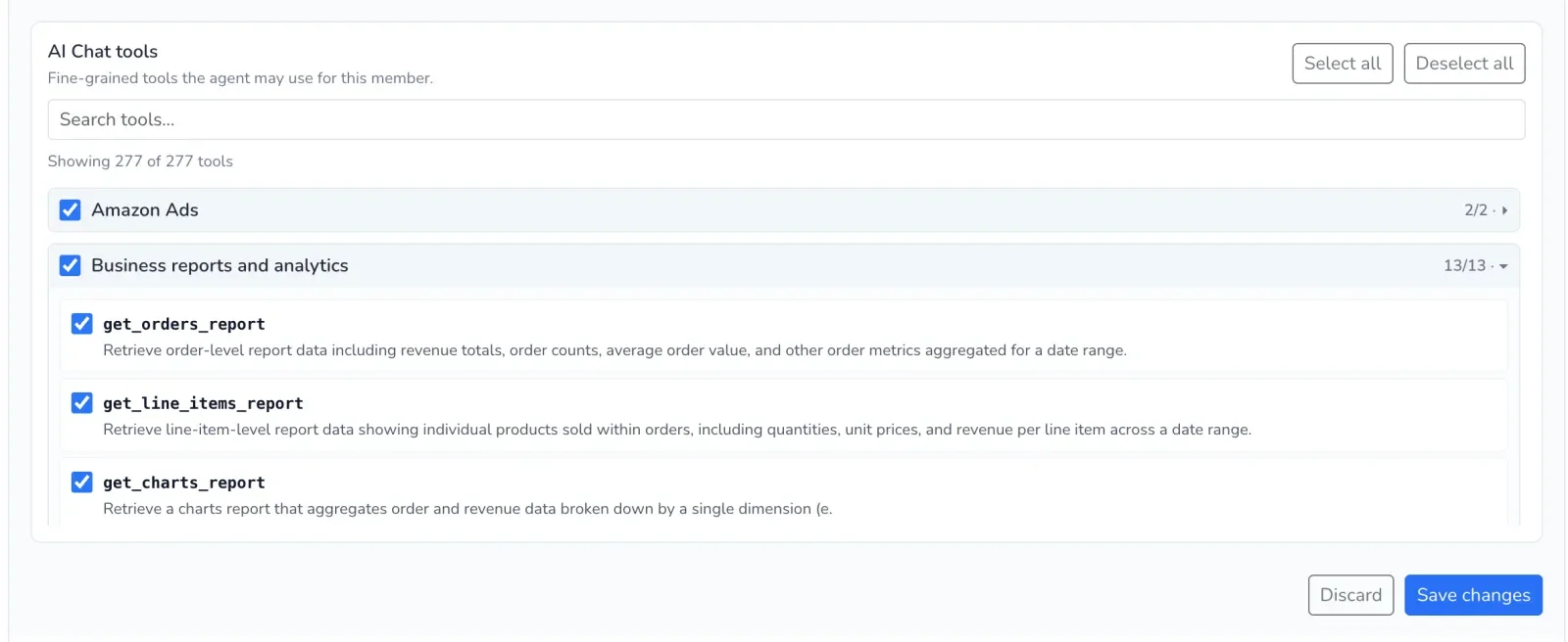 PayHelm member tool controls with individual report tools enabled beneath the business reports and analytics group
