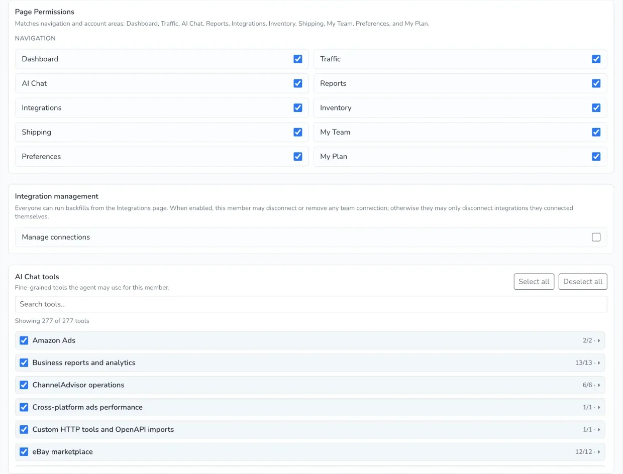 PayHelm team settings showing page permissions, a separate manage connections permission and AI Chat tool groups