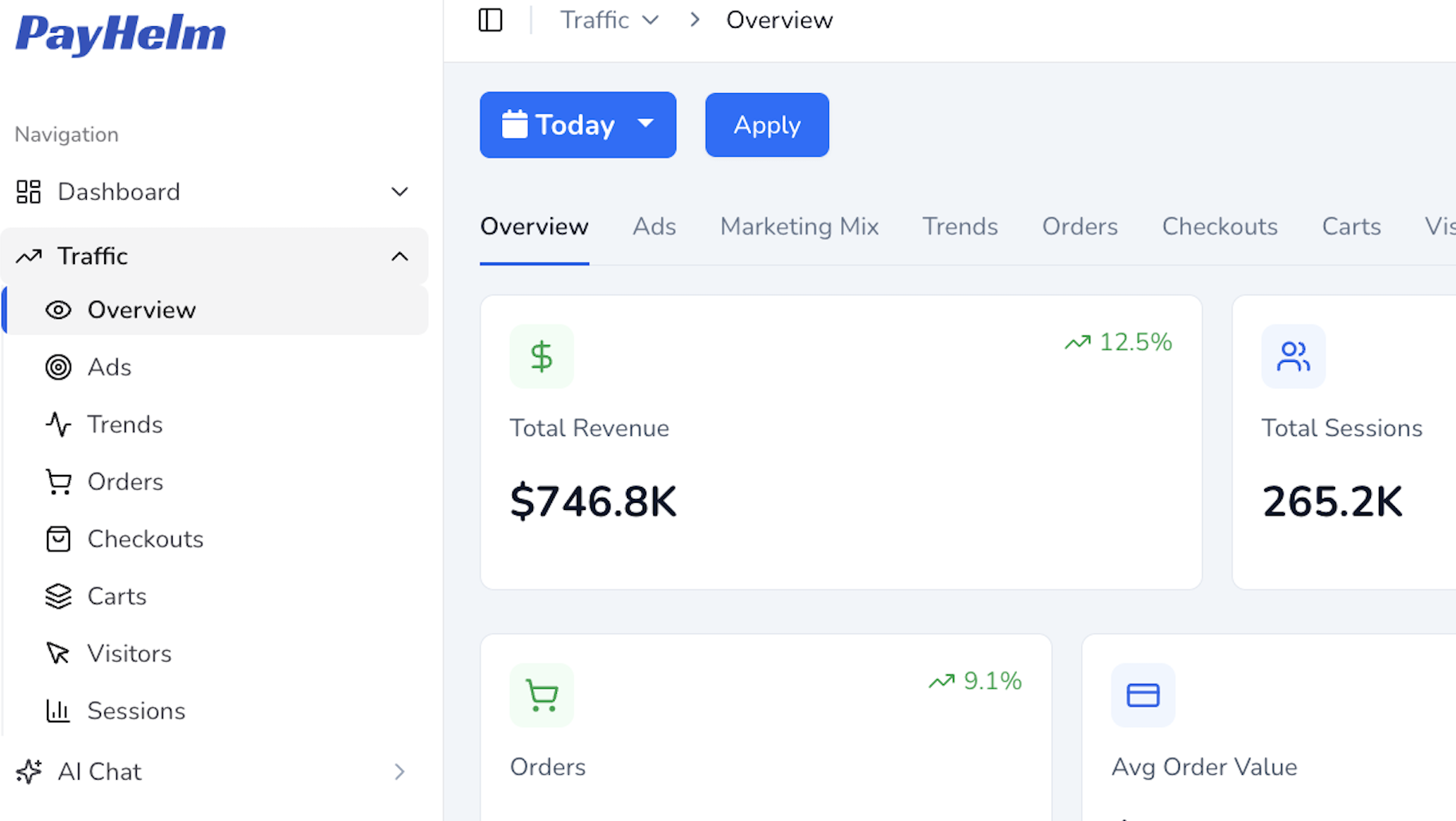 PayHelm Campaign Tracking Audit — Traffic Overview showing revenue, sessions and ROAS by channel