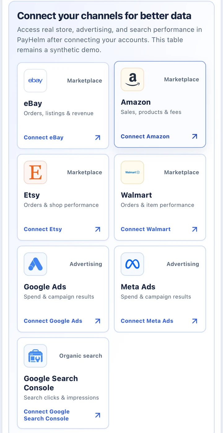 Channel connection cards for eBay, Amazon, Etsy, Walmart, Google Ads, Meta Ads and Google Search Console