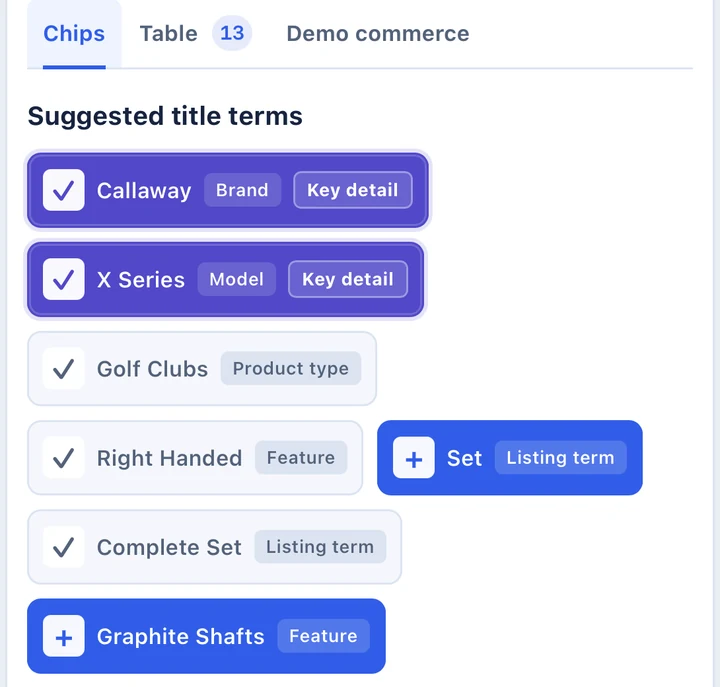 Callaway golf club keyword suggestions with brand, model, product type and optional attributes