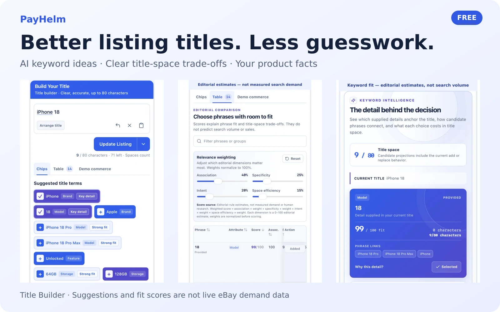 PayHelm's free Title Builder with keyword suggestions, editorial comparisons and visual keyword insights