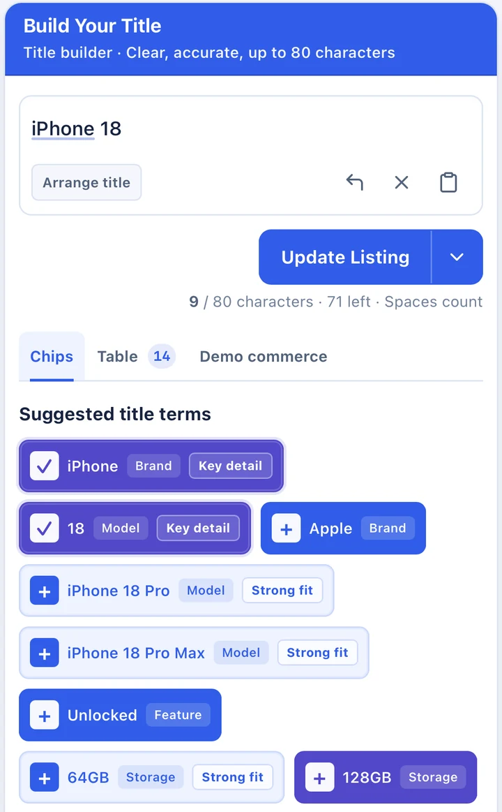 Title Builder showing an example item title and optional keyword suggestions