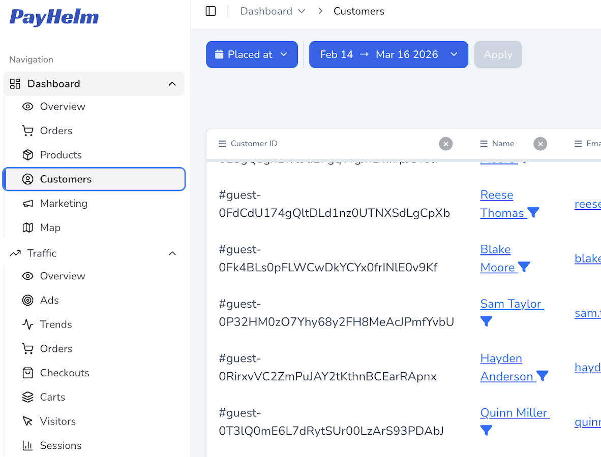 PayHelm Customer Dashboard — Customers tab with customer list and filters