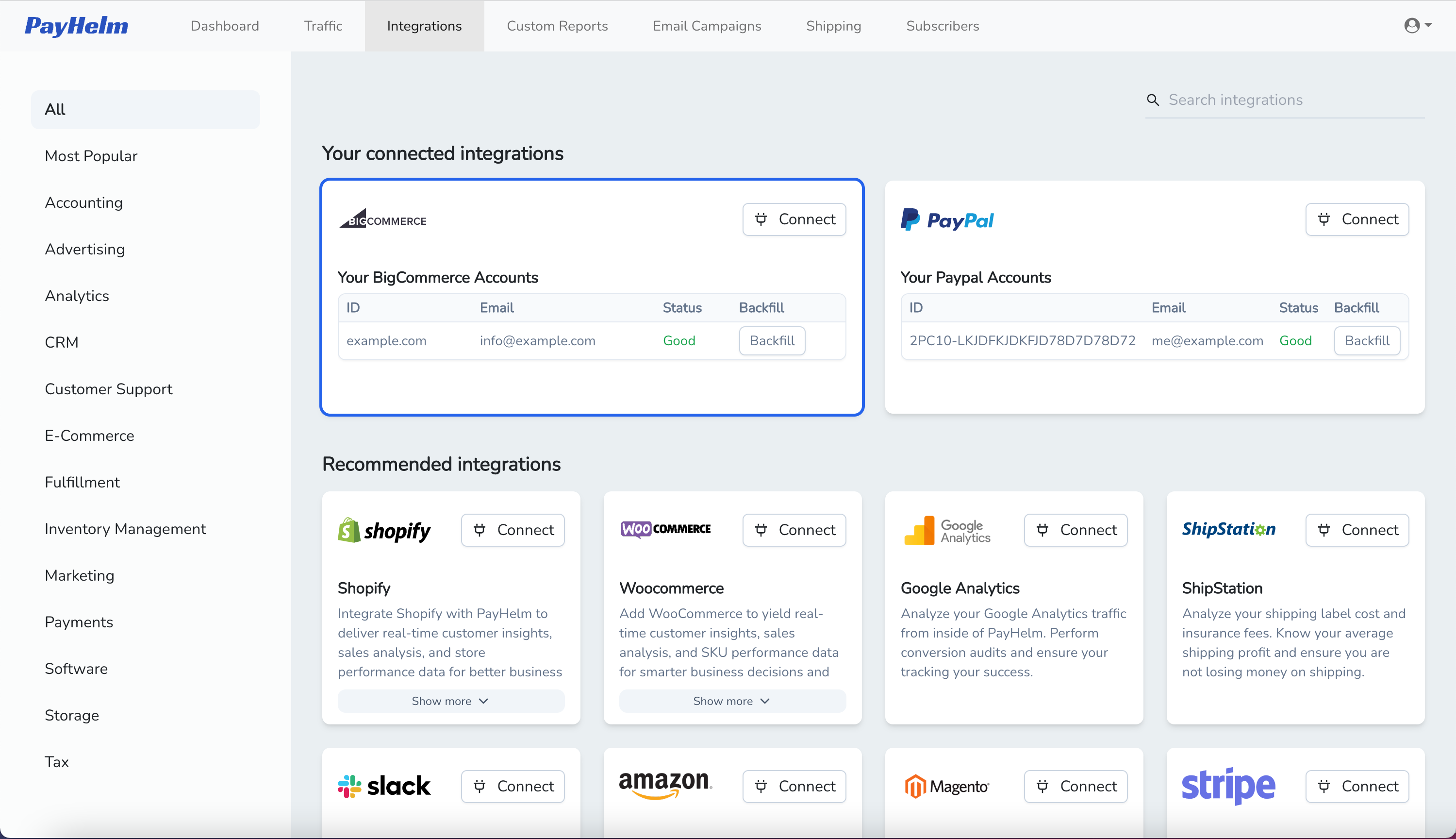 PayHelm integrations dashboard showing connected data sources and management interface