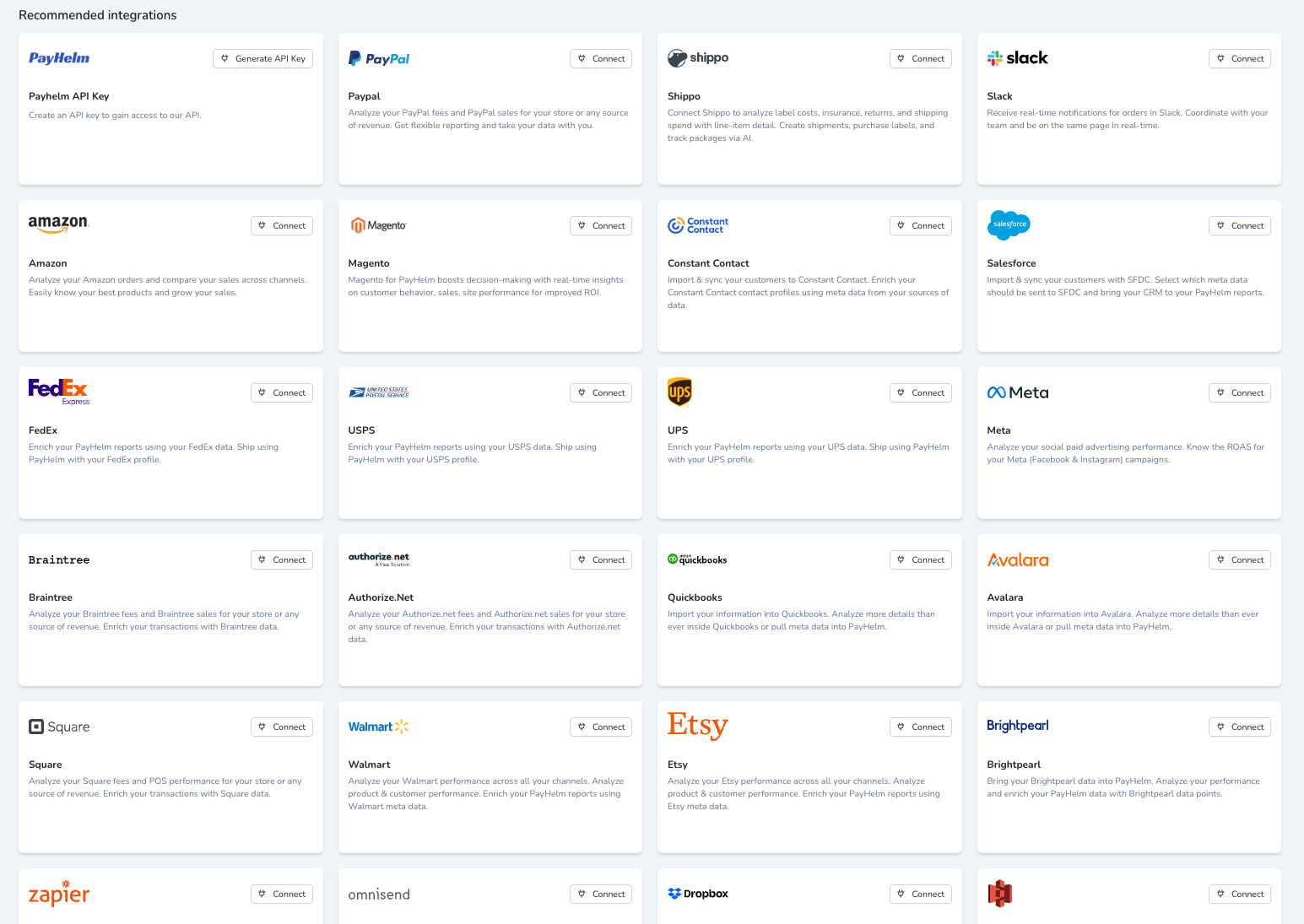 PayHelm Data Pipeline — recommended integrations including PayPal, Slack, Amazon, Shopify and more