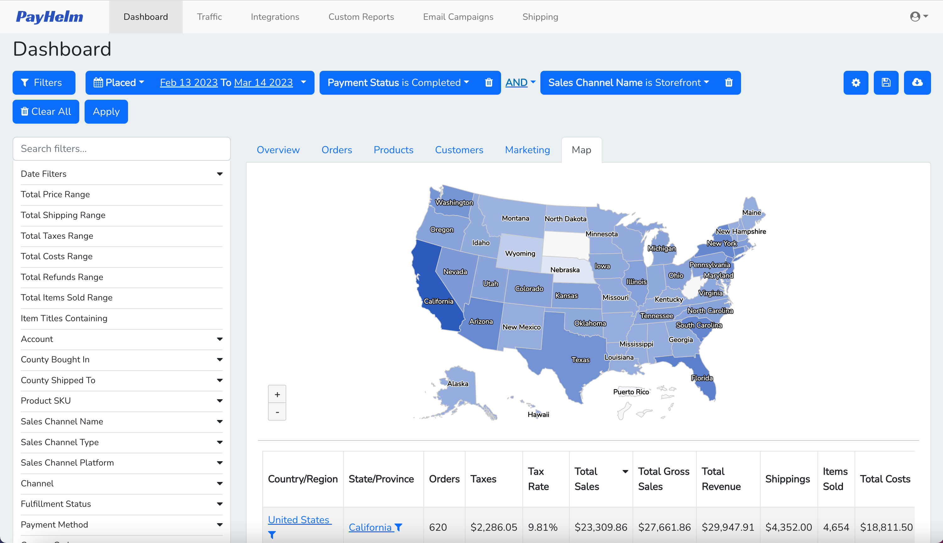 PayHelm Customer Analytics with geographic distribution and customer segmentation