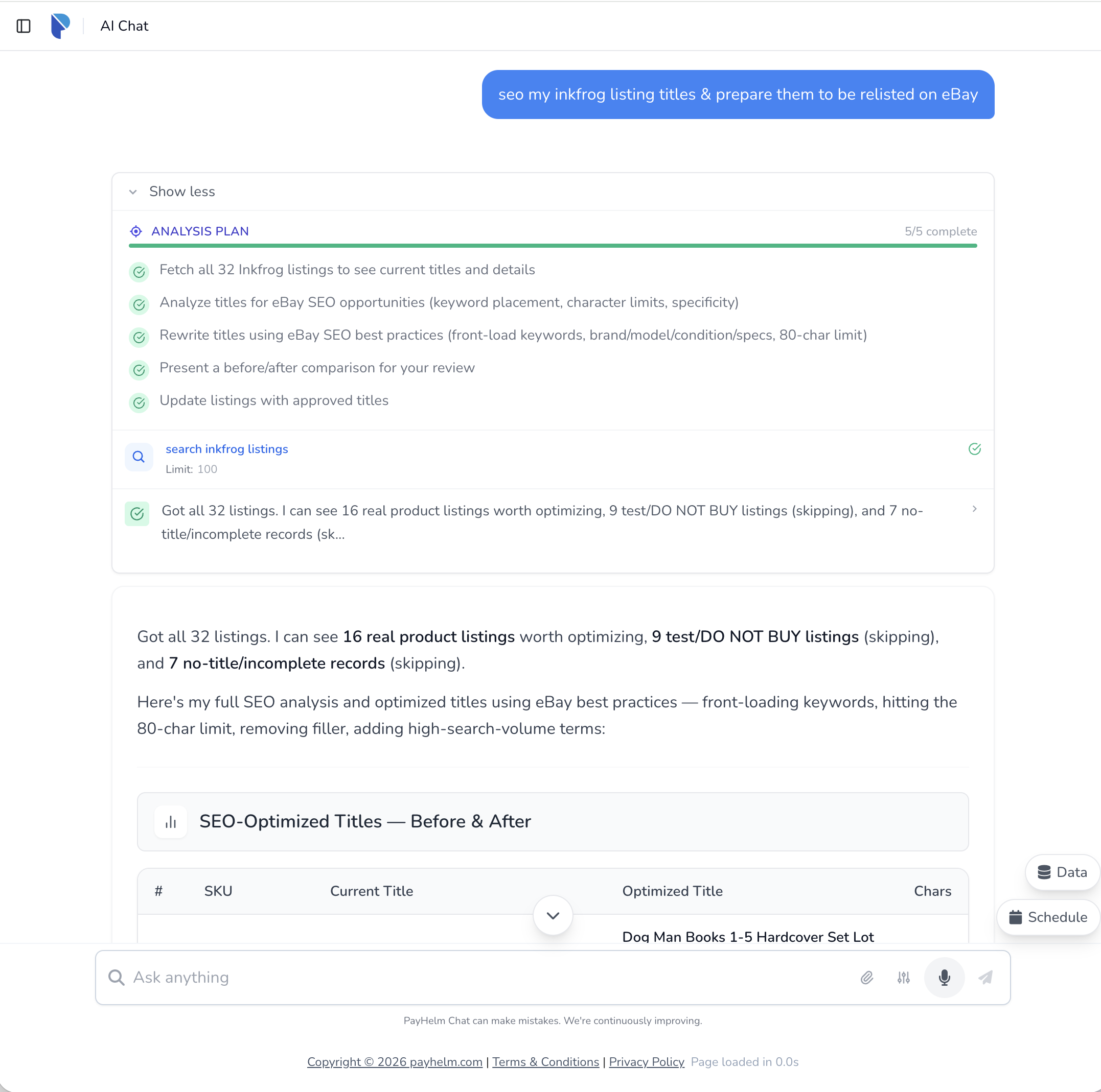 PayHelm AI Agent optimizing inkFrog listing titles for eBay SEO