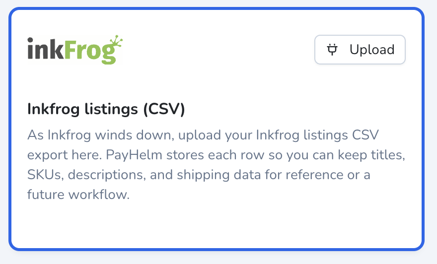 inkFrog CSV upload card in PayHelm