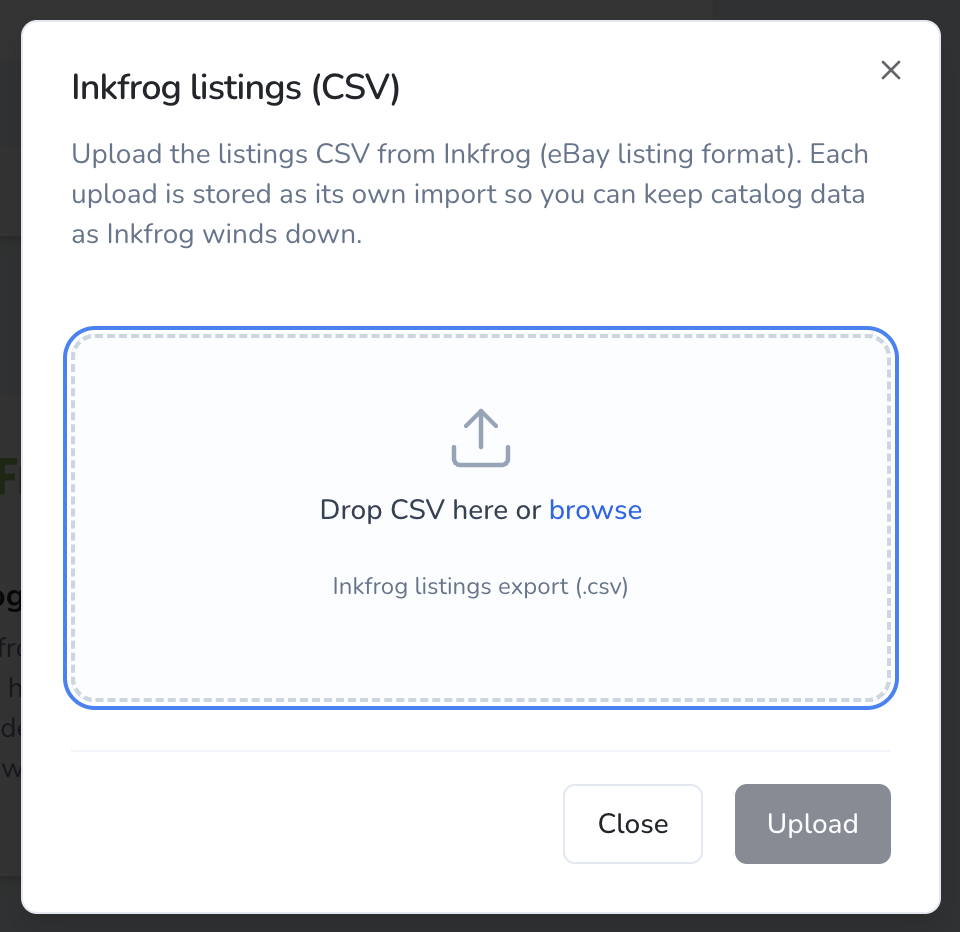 inkFrog CSV upload dialog