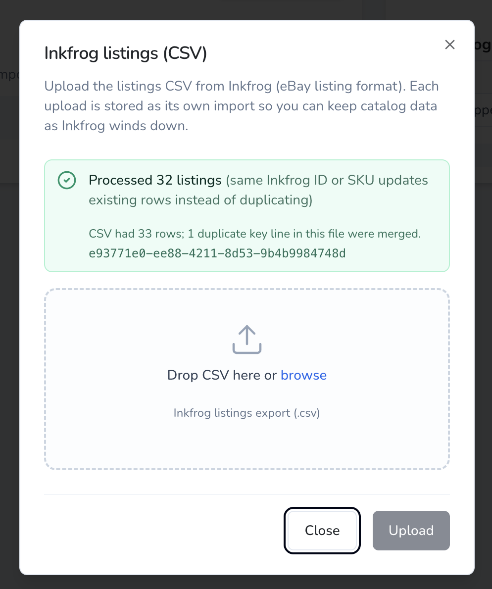 inkFrog CSV upload — 32 listings processed