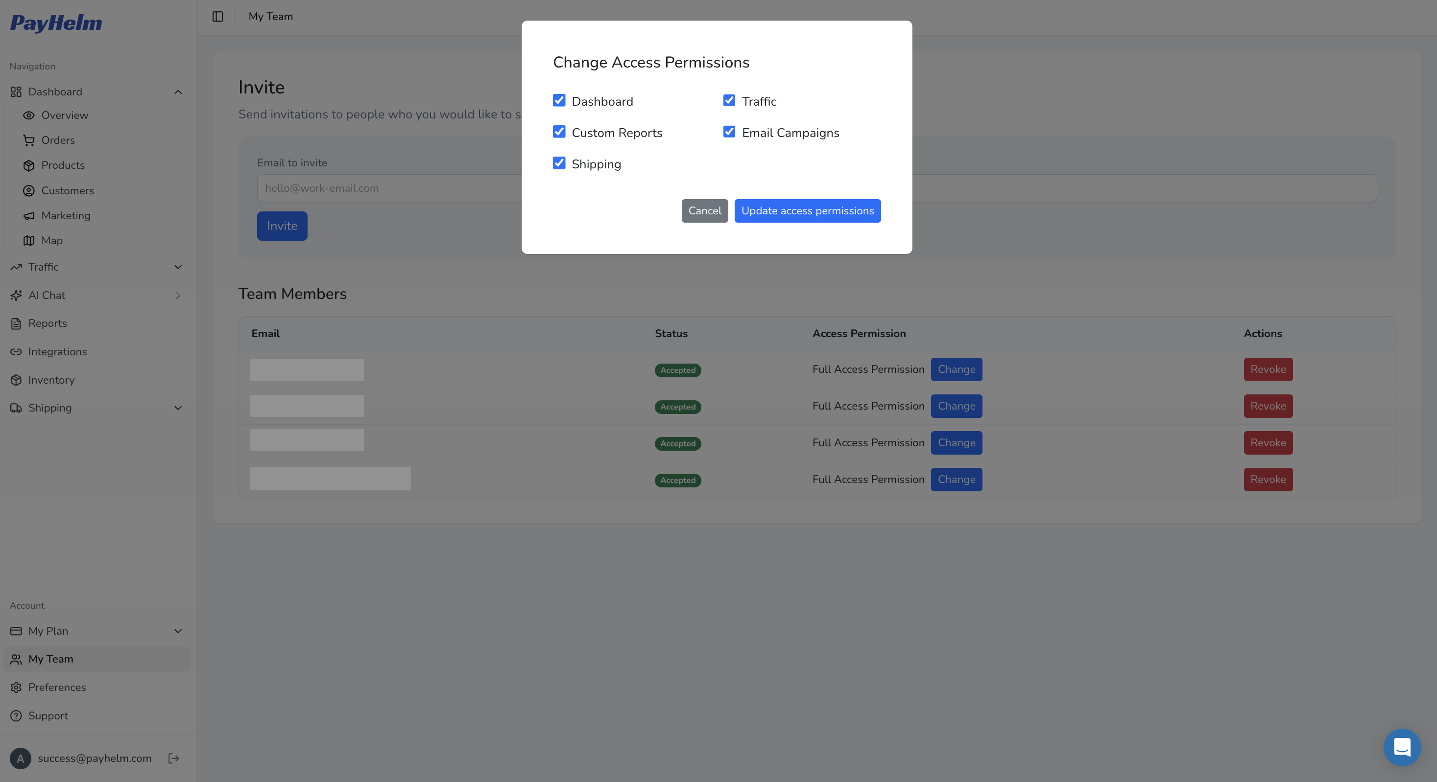PayHelm team management screen with a Change Access Permissions dialog for reporting areas