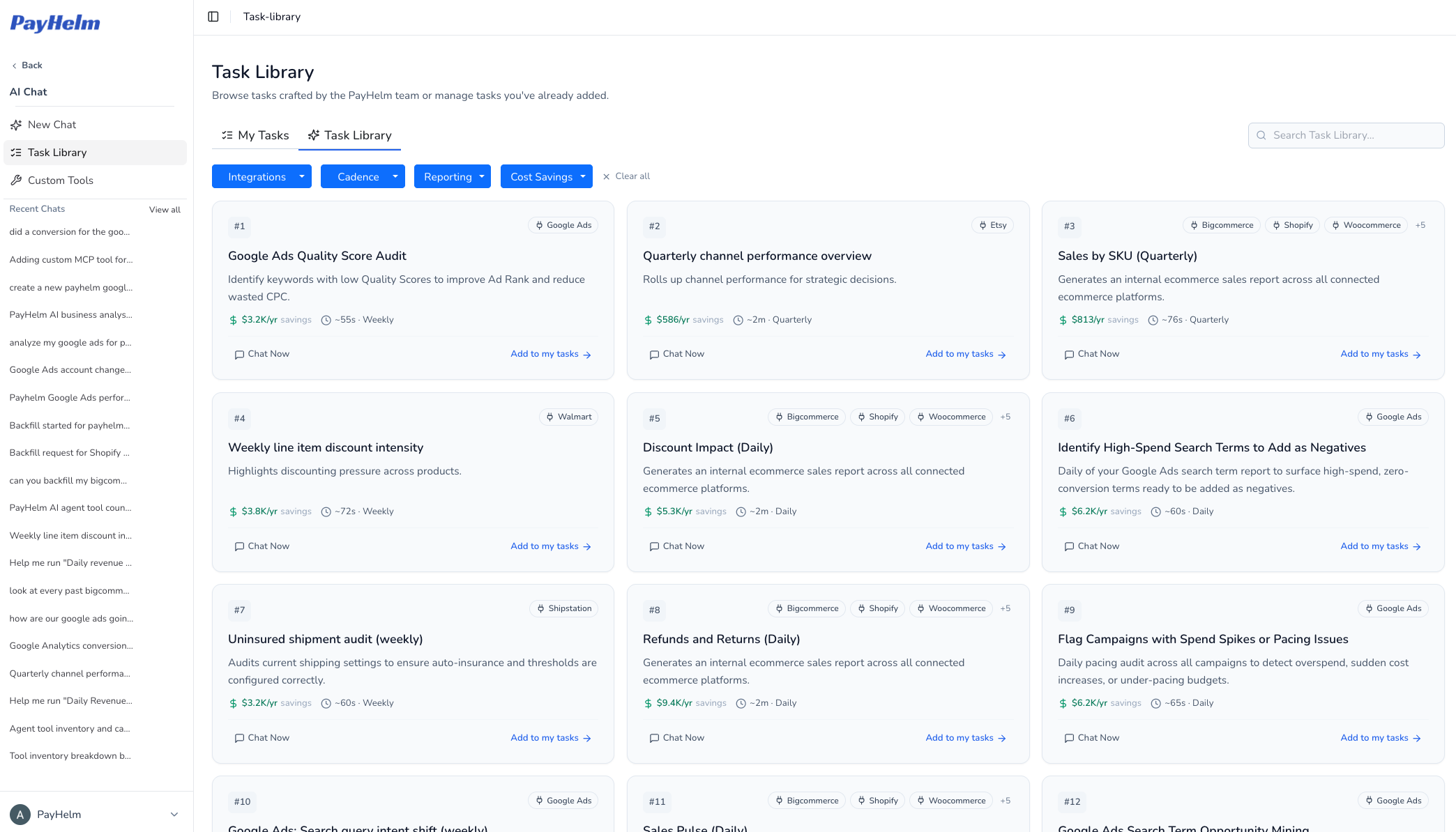 PayHelm Task Library showing pre-built scheduled analytics tasks